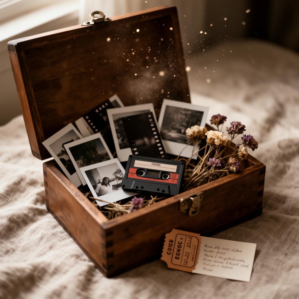 An open wooden memory box with polaroids, a cassette tape, dried flowers and a handwritten note