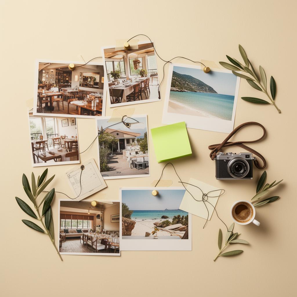 Overhead view of a travel moodboard with pinned photos, notes and a camera