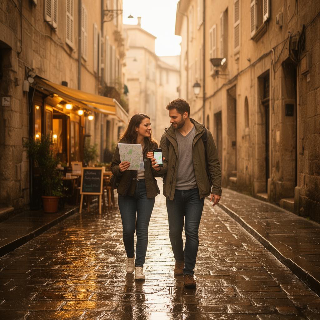 A couple walking through a sunlit old-town street, checking a map on a phone